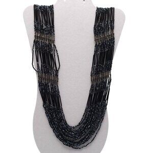 Long Flapper Style Multi-Strand Black Beaded Necklace With Adjustable Chain